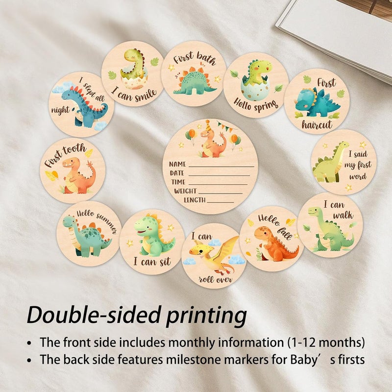 MCIAONE Baby Monthly Milestone Cards Sign - 13Pcs Double Sided Dinosaur Milestone Cards, Dino Pattern Wooden Circles Discs for Photo Props Newborn Announcement Marker, Baby Shower Newborn Sign Card Gift Set - Image 5